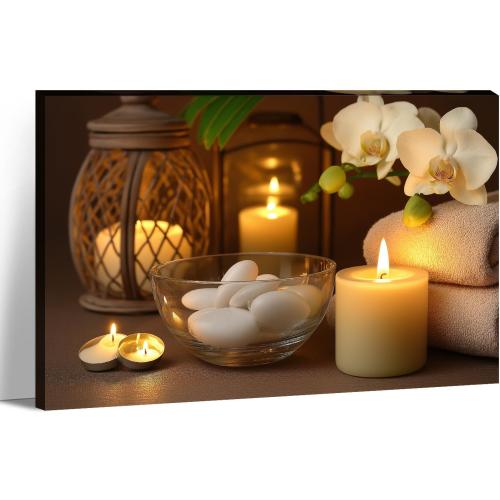 KPLUNDO Zen Canvas Wall Art - Candle with Spa Stones on Wood Table Picture Orchid Painting Prints Meditation Relax Artwork for Bathroom Yoga Spiritual Room Decor Frame(16.00x24.00 inch)