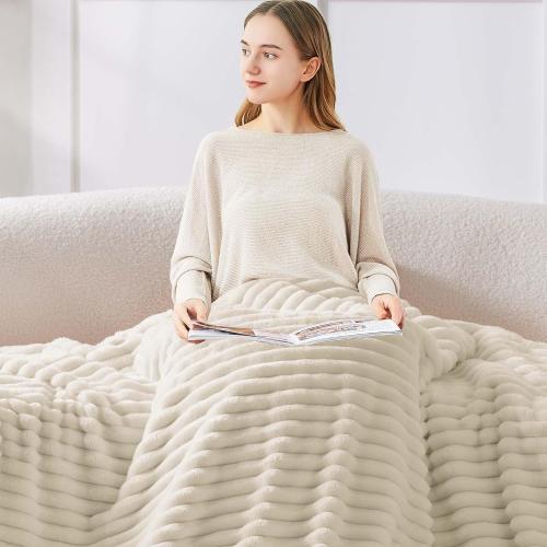 BEDELITE Queen Size Blanket for Bed, 300GSM Soft & Warm Fleece Beige Blanket, Decorative and Giftable Striped Blankets for Women, Men, 84x90