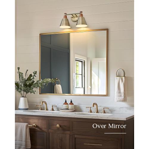 FEMILA 2 Light Bathroom Vanity Light Fixtures Over Mirror, Modern Brass Gold Bathroom Lighting Fixtures with Metal Shades, Woodgrain Finish, 4FG59B-2W BG-NW