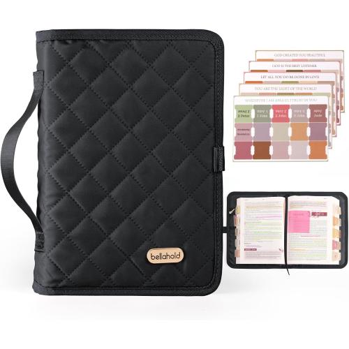 Adjustable Bible Cover with 75 Bible Tabs - Bible Cover Case for Women，Waterproof, Washable Quilted Bible Case，Reusable Christian Gifts for Women (Black, S)
