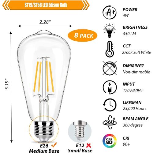 8 Pack 2700K Soft White LED Edison Bulbs 40W Equivalent, Clear ST19/ST58 Vintage 4W LED Light Bulbs for Ceiling Lights, 90 CRI, 450LM, E26 Base, Non-Dimmable
