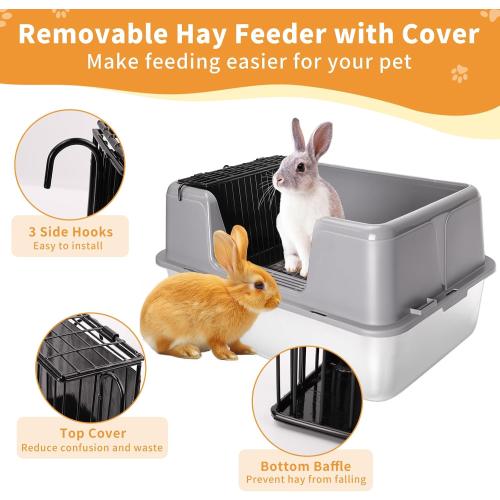 XXL Rabbit Litter Box, 23.6 L x 15.7 W x 12.4 H Stainless Steel Rabbit Litter Box with Lid, Hay Feeder with Hooks, Footed Metal Grid, Easy to Clean for Medium and Large Rabbits
