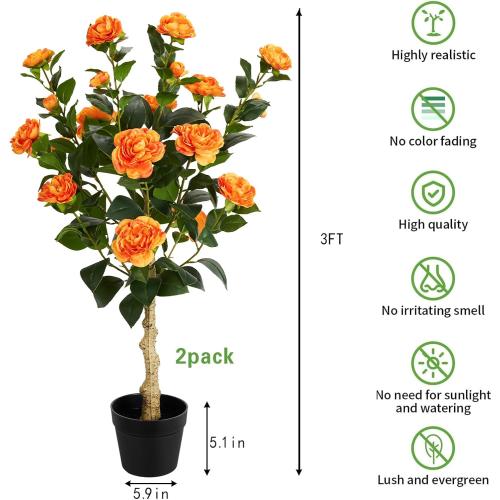 3FT Artificial Camellia Tree, 2 Pack Fake Camellia Tree Artificial Tree, Faux Floral Plants in Cement Pot, Greenery Potted Plant for Indoor Outdoor Home Office Porch Decor (Orange)