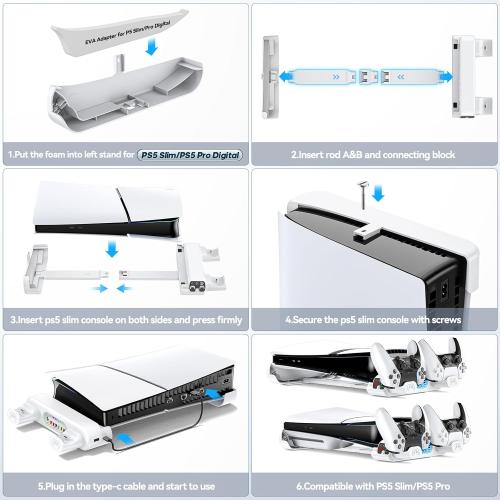 Tokluck PS5 Slim/Pro Horizontal Cooling Stand for Disc & Digital, Dual Controller Charger with 3-Level Cooling Fan, PS5 Stand for Pro & Slim Console (NOT Fit 2020 Regular Version)