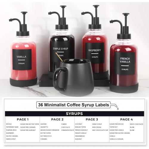 Set of 4 Coffee Syrup Dispenser for Coffee Bar, Set of 4 Non-Slip Glass Syrup Dispenser w. Labels and Silicone Sheath, 16.9 oz 500ml Syrup Pump Dispenser, Coffee Bar Accessories Simple Syrup Bottle w. Pump