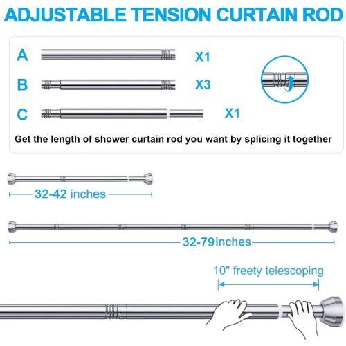 TEECK Shower Curtain Rod, 27-76 inch Adjustable Tension Spring, Shower Curtain Rod Tension, Premium Stainless Steel, Anti-Slip, No Drilling, No Rust, for Bathroom, Silver