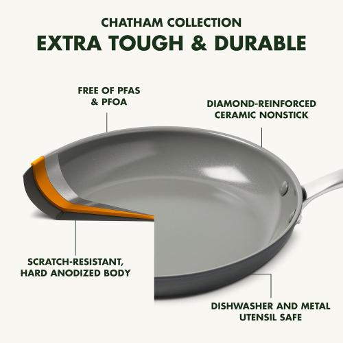 GreenPan Chatham Hard Anodized Healthy Ceramic Nonstick, 13 Frying Pan Skillet with Helper Handle, PFAS-Free, Dishwasher Safe, Oven Safe, Gray
