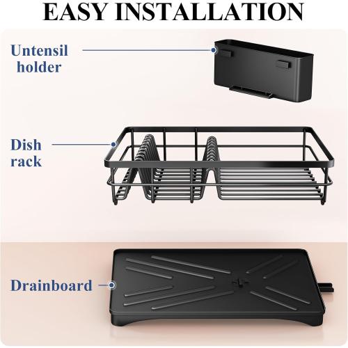 SNTD Dish Drying Rack for Kitchen Counter - Large Dish Rack with Drainboard, Rustproof Dish Drainer with Utensil Holder for Sink, Black
