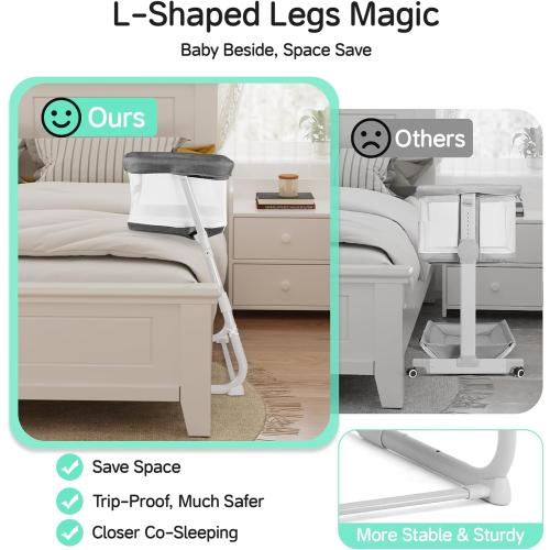 Cowiewie Bassinet Bedside Sleeper,Baby Bassinet Slides Over Bed,5-Height Adjustment & Breathable All-Mesh Wall Bedside Bassinet for Baby,Space-Saving Bedside Crib, Height(37.4-41.3), Dark Grey