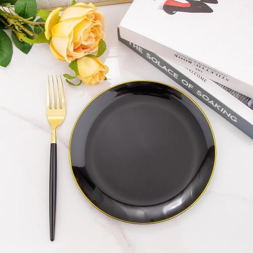 I00000 144Pcs Black and Gold Dessert Plate Set, Including 72Pcs Black and Gold Plastic Plates 7.5 and 72Pcs Disposable forks 8.5, Fancy Salad Plates with Gold Rim for Thanksgiving and Party