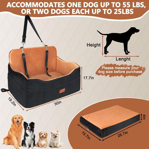 Vivifying Dog Car Seat for Back Seat, Booster Travel Bed for Medium Large Dogs or 2 Small Dogs, 4 Raised Foam Cushion, Safety Leash & Washable Cover, Soft Dog Booster Seat for Cars, Trucks & SUVs