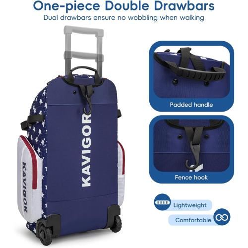 KAVIGOR Rolling Baseball Bag with Wheels, 60L Capacity Softball Bag Holds 4 Bats for Boys and Girls, Youth Equipment Bag with Shoe Compartment