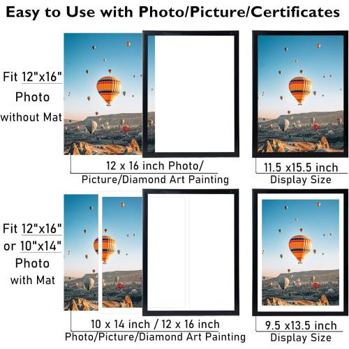 12x16 Picture Frame Set of 2 Black with 10x14 Mat for 30 x 40cm Diamond Art Painting, Display Photo 10x14 with Mat or 12 x 16 Without Mat, Wall Hanging Large Frame, 2 Pack, Black