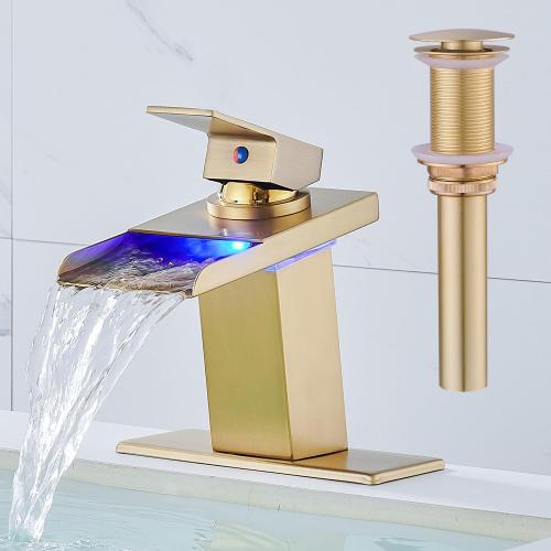 AVSIILE LED Bathroom Sink Faucet, Brushed Gold, Stainless Steel Spout