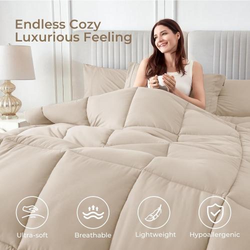 7pc Beige Queen Sasttie Comforter Set, Beige 7 Pieces Bed in a Bag Queen, Complete Bedding Set Includes Comforter, Flat Sheet, Fitted Sheet, Pillowcases and Pillow Shams, Beige