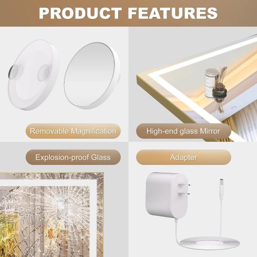 Hasipu Vanity Mirror with Lights, 23 x 18 LED Makeup Mirror, Lighted Makeup Mirror with Dimmable 3 Modes, Touch Screen Control Vanity Mirror Square Gold
