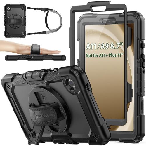 SEYMAC stock Case for Samsung Galaxy Tab A11/ A9 8.7'' (Not for A11 Plus11''), Full-Body Drop Protection Case with Screen Protector Pencil Holder [360° Rotating Hand Strap] &Stand, Black