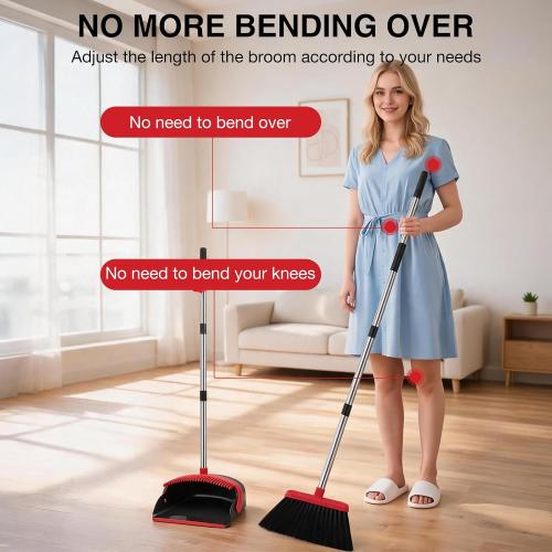 NACENA Broom and Dustpan Set, 52-in Long Adjustable Handle Broom Dustpan Combo with Dustpan Teeth to Automatically Clean Hair Suitable for Home Kitchen Office Hall Floor（Black&Red）