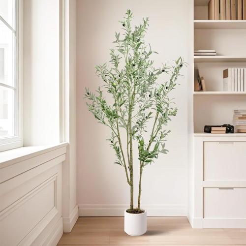Artificial Fake Olive Tree 6FT Tall 1Pack with White Planter Faux Silk Olive Tree for Home Living Room Office Decor Faux Artificial Plants Indoor with Fruit & Free Moss