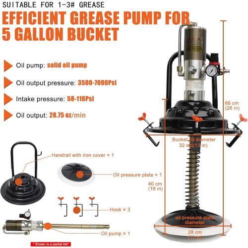 60:1 Portable Air-Operated Grease Pump for 5 Gallon Bucket, Grease Gun Coupler 2 PCS and 13 ft High Pressure Hose, 0.85L/Min, 34-48Mpa, Universal Fit, Vehicle Compatible (No Bucket)