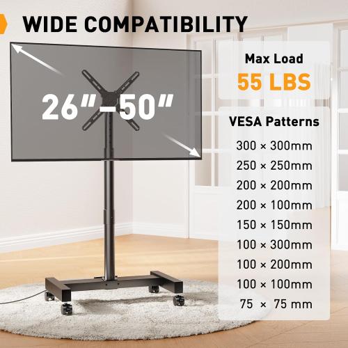 Perlegear Rolling TV Stand with Power Outlet, Tilt & Rotation TV Cart - Ideal for 26-50 Inch TVs up to 55 lbs, Featuring 8 Height Settings, Max VESA 300x300mm, PGTVMC19