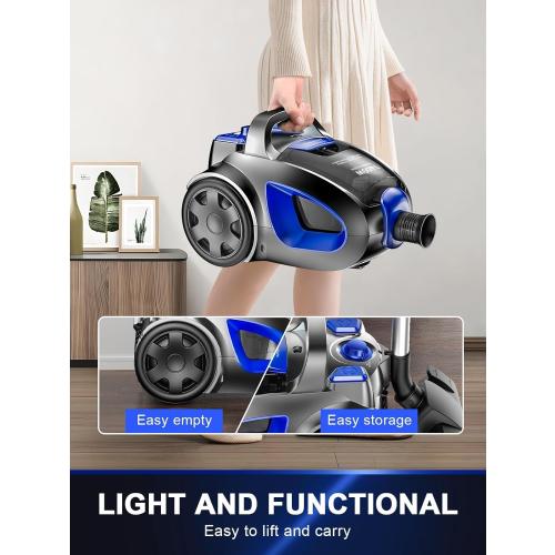 Canister Vacuum Cleaner, 40Kpa 1600W Cyclon Power, Dust Full Indicator, Double HEPA Filters, 3.7Qt Large Capacity, Lightweight Vac for Hard Floors, Carpets, Pet Hair, Blue