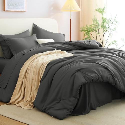 CozyLux Queen Comforter Set Dark Grey, 7 Pieces Bed in a Bag Queen Comforter Set with Sheets, Bedding Sets with Down Alternative Comforter, Fitted Sheets, Flat Sheets, Pillow Shams and Pillowcases