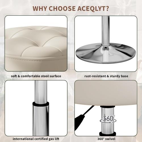 ACEQLYT® Vanity Stool with High-Density Non-Sagging Foam & Metal Base, Vanity Chair for Makeup Room, Height Adjustable 360° Swivel Ottoman, White PU Leather Makeup Chair for Bedroom, Bathroom