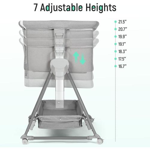 Cowiewie Bassinet Bedside Sleeper, Baby Bassinet with 7 Adjustable Height, Bedside Bassinet for Baby with Storage, Breathable Mesh & Mattress, Portable Bassinet Easy Folding (Pyramid Light Gray)