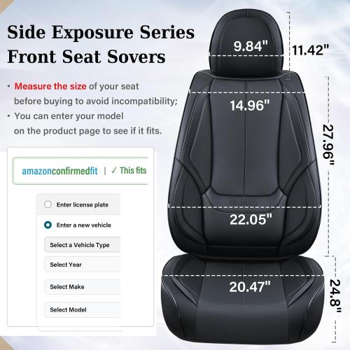 COLOR CREAM Coverado Front Seat Covers, 2 Pieces Universal Seat Covers for Cars, Waterproof Nappa Leather Sideless Car Seat Cushions Protective Auto Accessories, Universal Fit for Most Sedans SUV Pick-up, Black