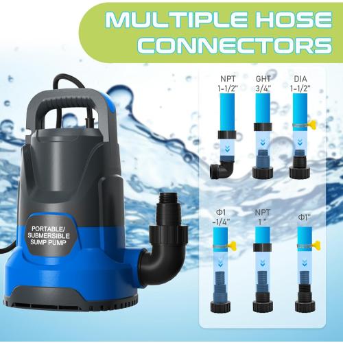 Color Blue Sump Pump Submersible Water Pump 1.1HP 4700GPH Portable Water Transfer Pump Electric for Pool Draining Hot Tub Basement Utility Pumps