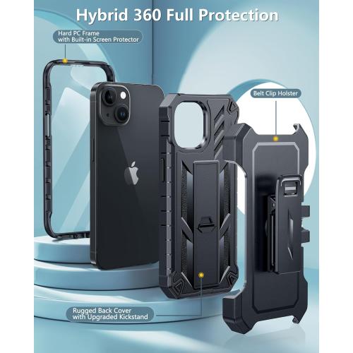FNTCASE for iPhone 15 Phone Case: for iPhone 14 & 13 & 16e Case Military Shockproof Protective Rugged Cell Phone Cover with Kickstand & Belt-Clip Holster, Heavy Duty Hard Cases 5G - 6.1 Inch Black