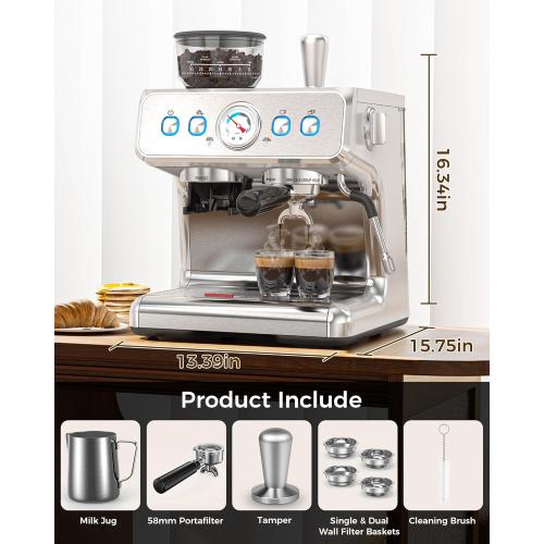 (2025 Upgrade)20 Bar Espresso Machine with Grinder & Milk Frother Steam Wand, Tamping Tools, Expresso Coffee Machines 58mm Commercial Espresso Maker for Home or Café, Perfect for latte, Cappuccino
