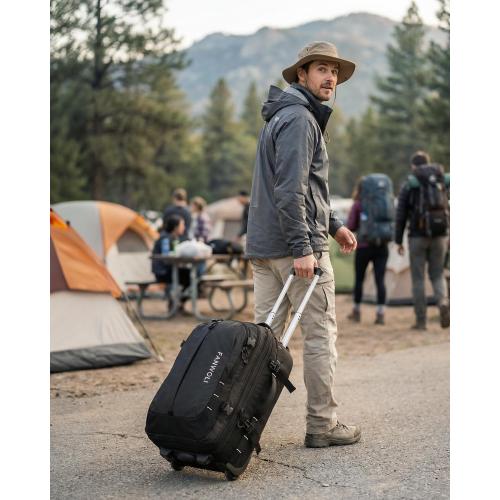 Fanwoli Rolling Vacuum Backpack Travel with One-Button Compression, 55L Expandable, Water Resistant Carry-On Suitcase Luggage, Ideal for Outdoor/Family/Trips