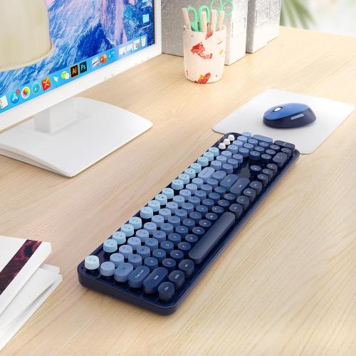 Nowlike Wireless Keyboard and Mouse Combo, Retro Typewriter Keyboard with Round Keycaps, Full-Size Ergonomic, Blue, Ideal for Windows PC, Home, Office, and College, Wireless Keyboard Mouse Combo