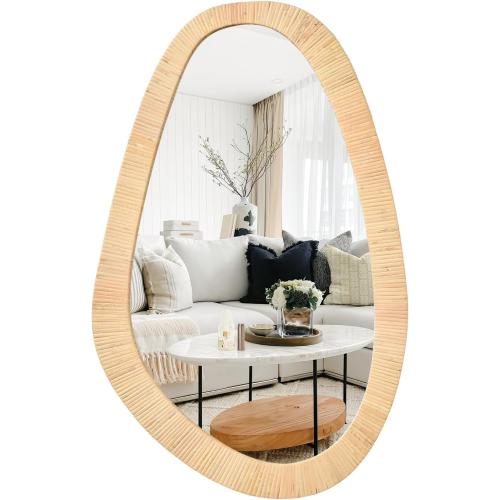 Rattan Mirror for Wall,30.5'' x 19.5 Wooden Framed Farmhouse Boho Wicker Coastal Irregular Vanity Mirror for Bathroom Living Room Entryway