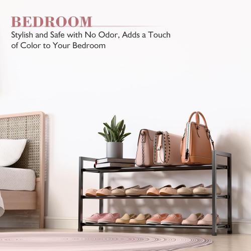 Bumusty 3-Tier Expandable Shoe Rack for Closet, 18“-33” Adjustable Shoe Rack for Small Space, Small Shoe Organizer for Front Door, Sturdy Metal, Black