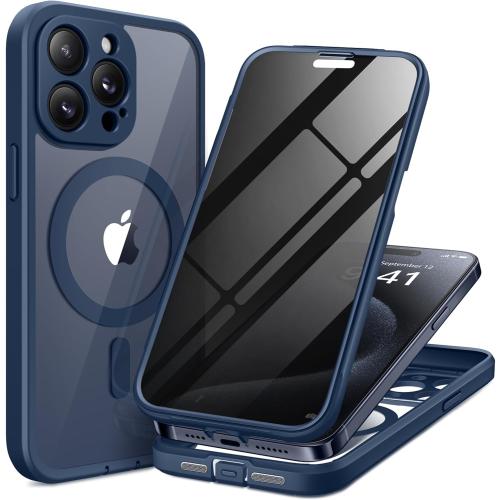 for iPhone 15 Pro Max Case, Compatible with MagSafe, Built-in Privacy Screen Protector and Camera Protection, Anti Spy Full Body Dustproof Shockproof Hard Phone Case 6.7, Dark Blue