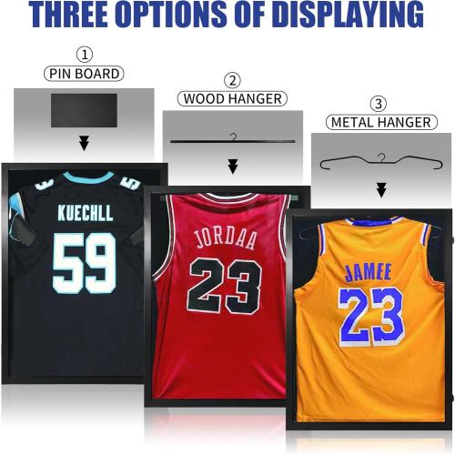 Size Large Color Black Wooden Jersey Frame Display Case 1 Pack, Large Sports Jersey Shadow Box Frame with Hangers for Hockey Football Baseball Basketball Soccer Shirt and Uniform