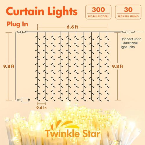 Twinkle Star 300 LED Curtain String Lights, 8 Modes Plug in Fairy Lights for Bedroom,Wedding,Party,Birthday, Hanging Twinkle Light for Indoor Outdoor Wall Window Backdrop Decoration, Warm White
