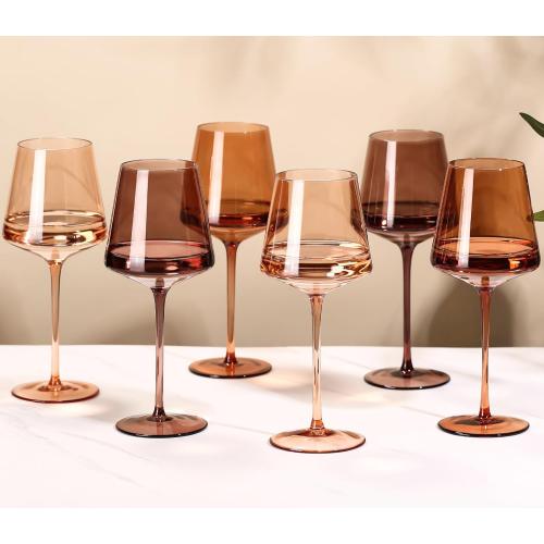 Brown Wine Glasses Set of 6-18oz【Hand Blown】 Crystal Amber Stemmed Venus Wine Glasses-Brown Wine Glass set for Fall Autumn Winter Wine Dinner