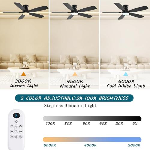 Ceiling Fans with Lights, 52 Inch Low Profile Ceiling Fan with Light and Remote Control, Flush Mount, DC Reversible Motor, Noiseless, Black 6 Speeds Ceiling Fan for Bedroom