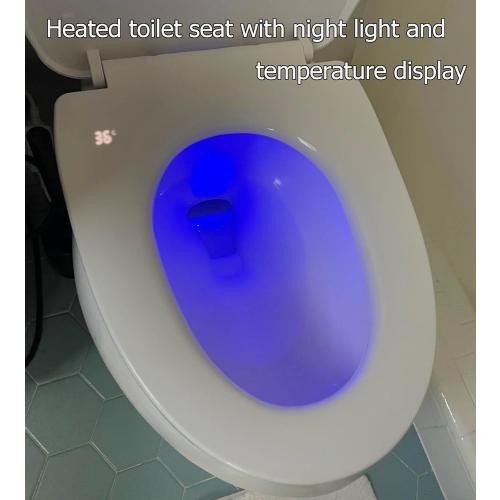 Heated Toilet Seat with Temperature Display and Built-in Side Controls, 3-Speed Heating Mode Elongated Toilet with Earth Leakage Protection, Slow Close Warming Toilet Seat with Auto Night Light