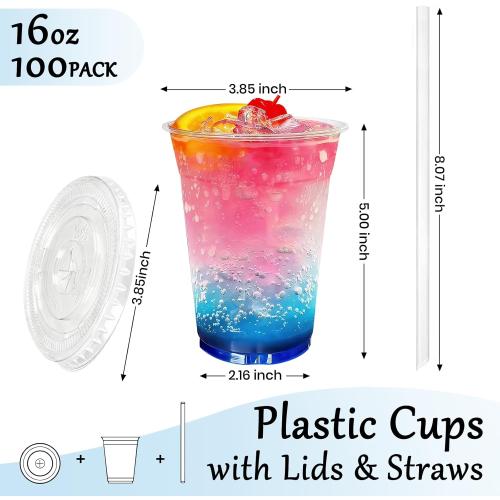 100 Pack 16 oz Clear Plastic Cups with Lids and Straws, [Leak-Proof & Crack-Resistant] Disposable Iced Coffee Cups for Smoothies, Bubble Tea, Juice and Cold Drinks, BPA Free