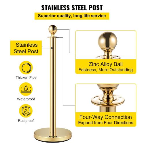 VEVOR Stanchions and Velvet Ropes 4Pcs, Solid Base with Stainless Steel Post, 5ft Red Velvet Ropes and Posts, Crowd Control Barriers Gold Stanchions, Red Carpet Runner Poles for Party Supplies