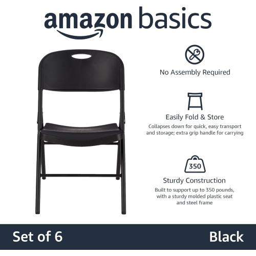 Amazon Basics Sturdy Foldable Plastic Chair, Portable, 350-Pound Capacity, Black, 6-Pack