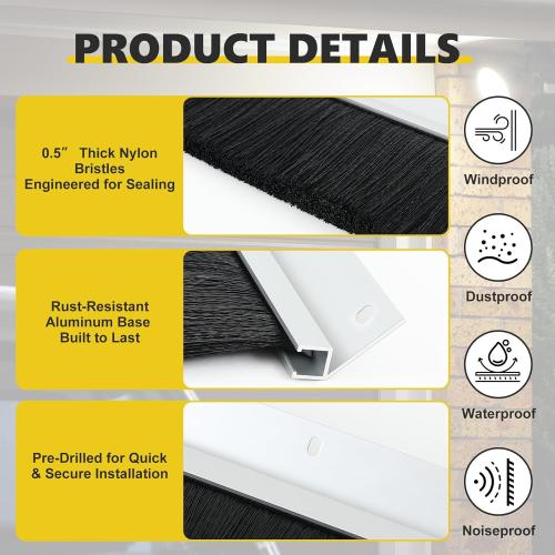 3 Roll up Garage Brush Seal for Top, 10ft Long Heavy Duty Garage Door Seal Nylon Brush with Aluminum Track No-Drill 45deg Holder for Commercial, Corrugated, Sliding Barn, Hangar Doors