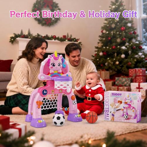 Unicorn Toddler Basketball Hoop & Soccer Goal with Light & Music, 2-in-1 Sports Toy for 1-3 Year Old Boys & Girls, Toys for 1  Year Old Girls, Birthday for Baby Kids