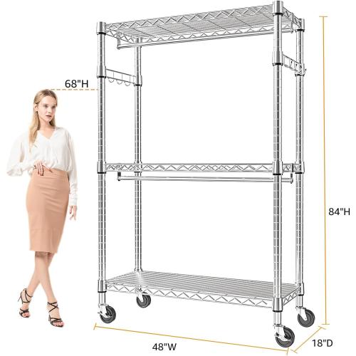 Size 17.7 D x 47.2 W x 83.6 H Heavy Duty Rolling Garment Rack 3 Tiers Adjustable Wire Shelving Clothes Rack with 2 Rods and Side Hooks, Storage Closet Clothing Rack with Wheels Chrome 17.7 D x 47.2 W x 83.6 H