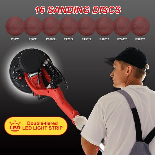 Drywall Sander, 1150W Electric Drywall Sander with Vacuum Dust Collector, 7.2A Popcorn Ceiling Removal Tool, 6 Variable Speed 900-2100RPM, Pure-Copper Motor, IP20 Waterproof,Extendable Handle